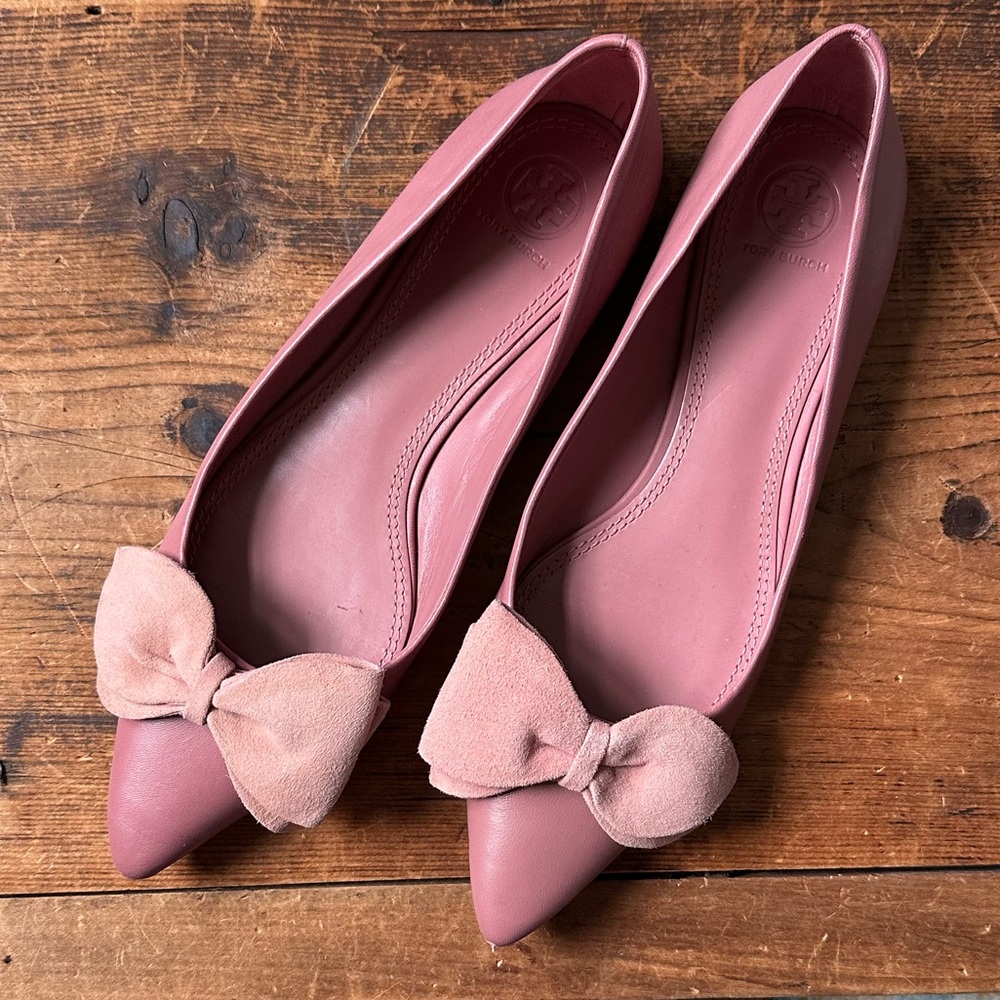 Tory Burch Rosalind Ballet Flat - Pink Magnolia Leather with Suede Bow 8.5